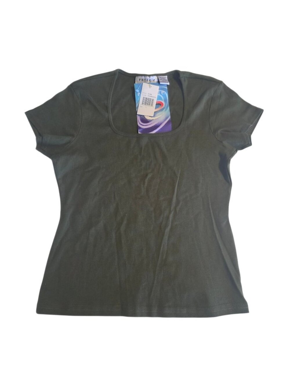 Vintage Y2K 90s Energie‎ Top T-Shirt Olive Green Round Neck Cotton Large NWT